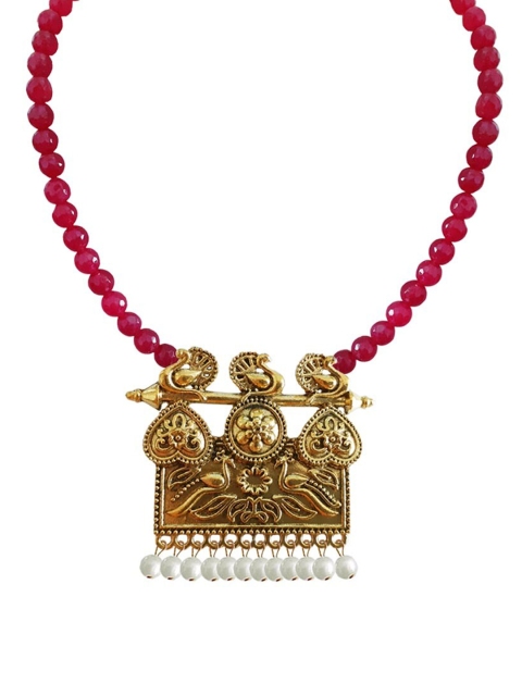 

RICH AND FAMOUS Red & Gold-Plated Brass Pearl Peacock Design Necklace