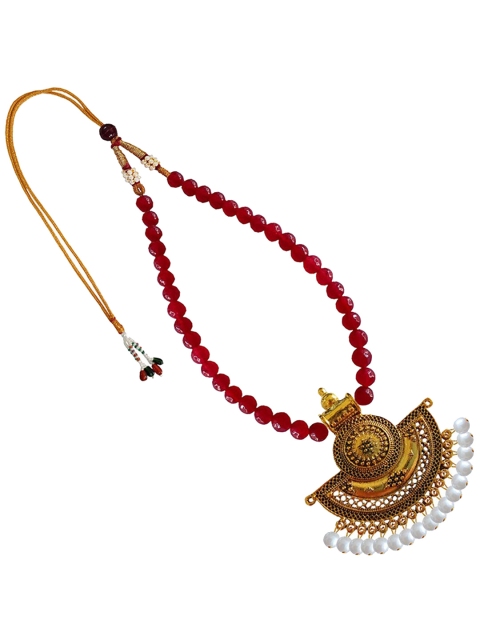 

RICH AND FAMOUS Gold-Plated Red & White Agate Beaded Round Shape Designer Pendant Necklace