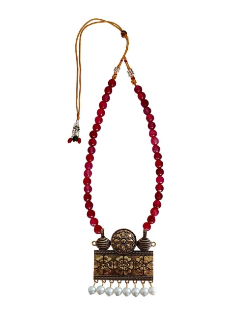 

RICH AND FAMOUS Gold-Plated & Red Brass Flowers Design Pendant Agate Quartz Stone Necklace