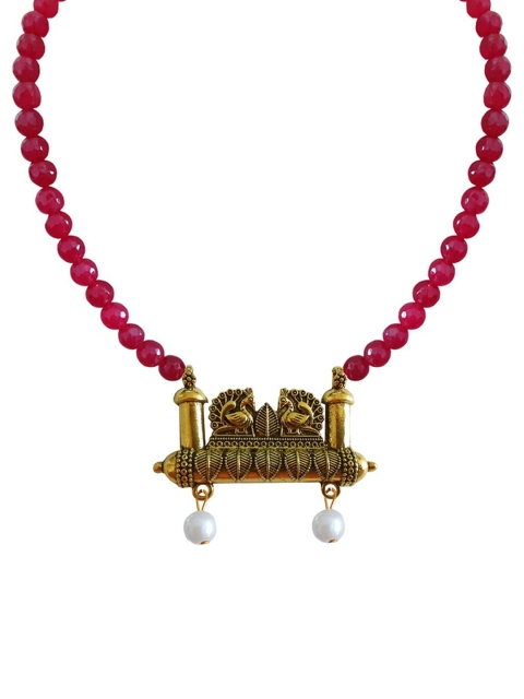 

RICH AND FAMOUS Gold-Plated Red & White Quartz Beaded Peacock Design Pendant Necklace