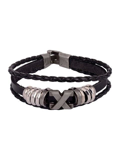 

Arendelle Men Black Textured Layered Leather Bracelet