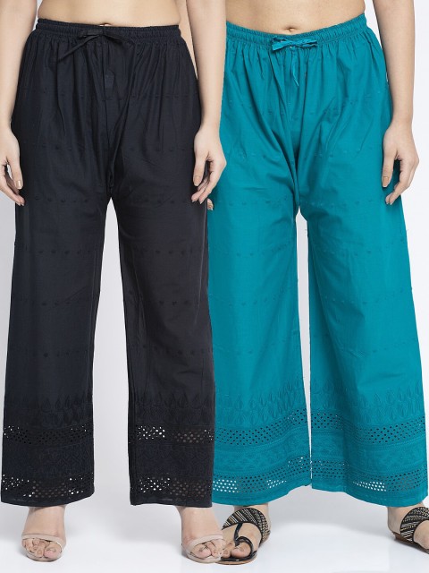 

Jinfo Women Pack of 2 Black & Turquoise Blue Chikankari Embroidered Cotton Ethnic Palazzos