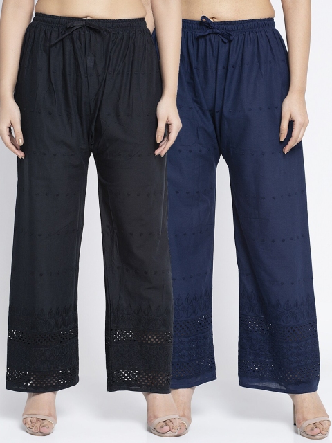 

Jinfo Women Pack of 2 Black & Navy Blue Chikankari Embroidered Cotton Ethnic Palazzos