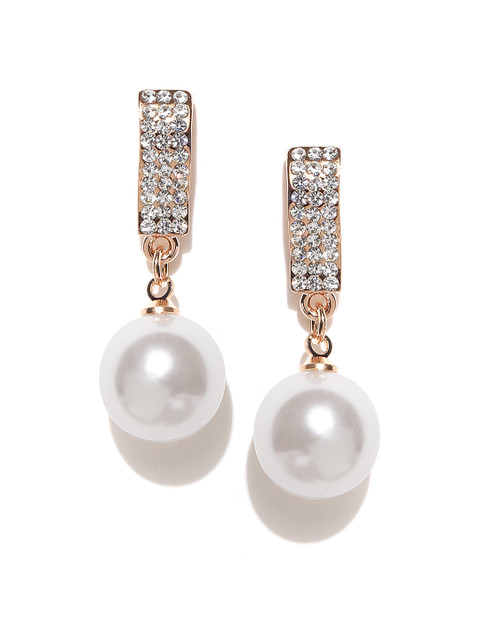 

Shining Diva Rose Gold-Toned & Off-White Stone-Studded Drop Earrings