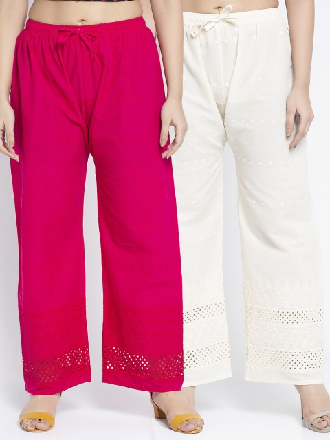 

Jinfo Women Pack Of 2 Fuchsia & White Embroidered Chikankari Cotton Ethnic Palazzos