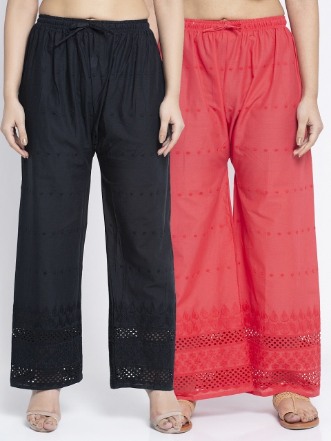 

Jinfo Women Pack Of 2 Black & Coral Red Embroidered Chikankari Cotton Ethnic Palazzos