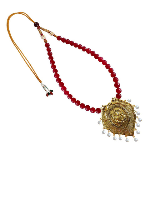 

RICH AND FAMOUS Gold-Plated & Red Petal Shape Ganesha Designer Pendant Brass Necklace