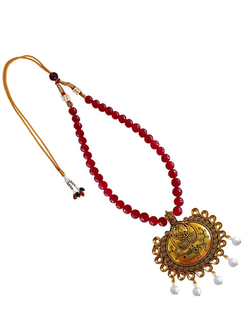 

RICH AND FAMOUS Red & Gold-Plated Quartz Half-Circle Shaped Pendant Necklace