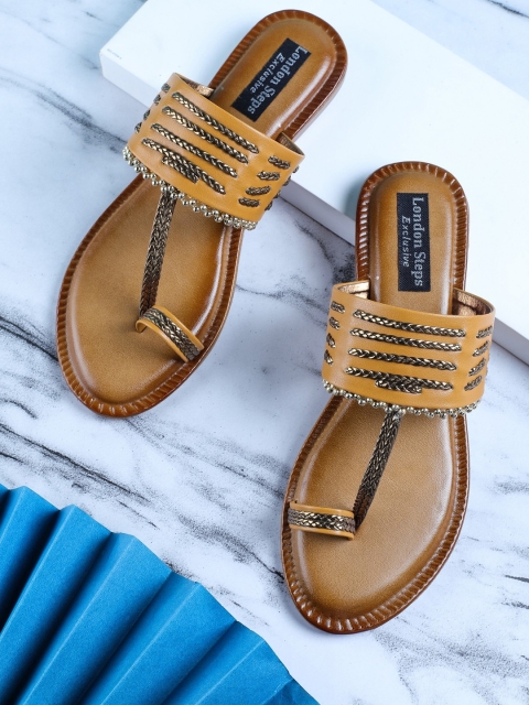 

LONDON STEPS Women Tan Brown Embellished Leather Ethnic One Toe Flats