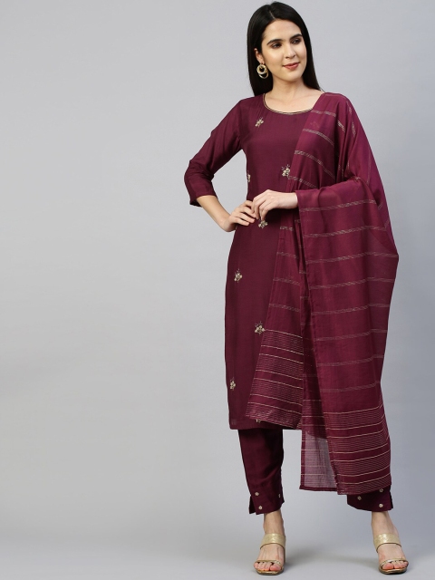

FASHOR Women Purple Floral Embroidered Kurta with Churidar & With Dupatta