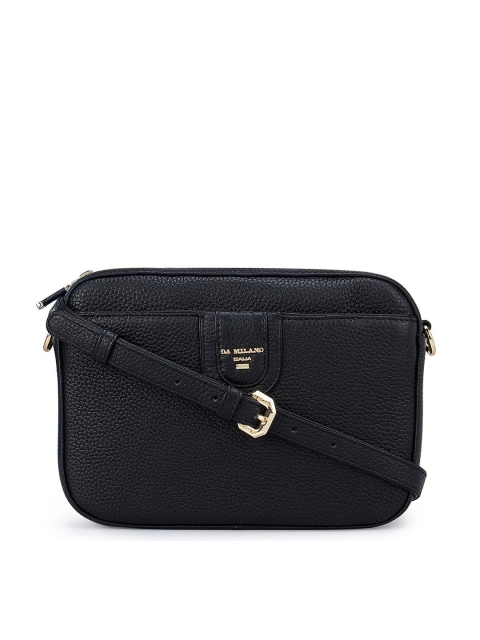 

Da Milano Black Textured Leather Structured Sling Bag with Bow Detail