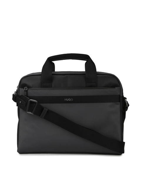 

HUGO Men Grey & Black Solid Leather Laptop Bag