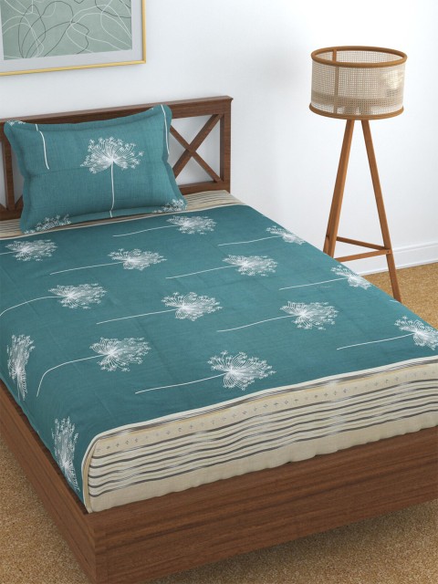 

Florida Teal & Beige Floral 144 TC Cotton Single Bedsheet with Pillow Covers