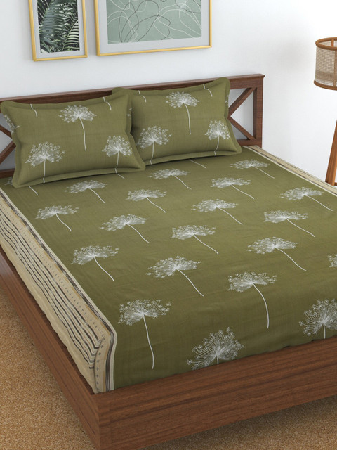 

Florida Green & White Floral Printed 144 TC King Cotton Bedsheet with 2 Pillow Covers