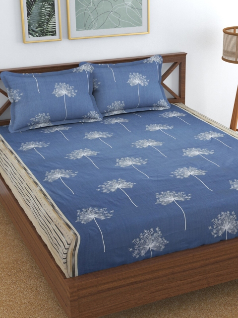 

Florida Blue & White144 TC King Floral Bed Sheet with 2 Pillow Covers