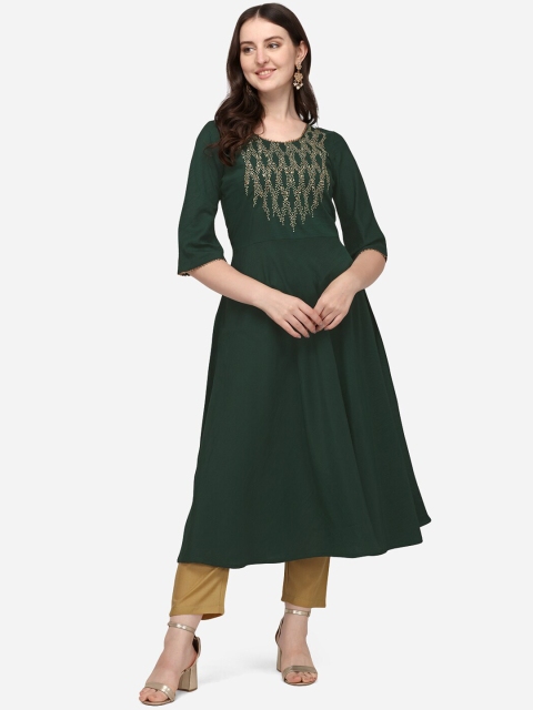 SAADHVI Women Green Yoke Design Mirror Work Rayon Straight Kurta