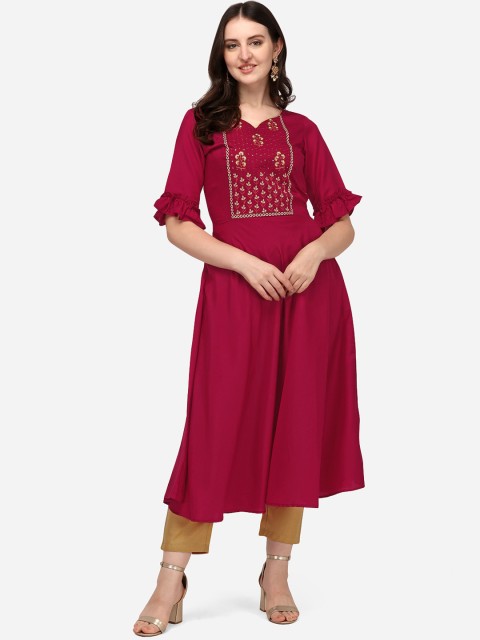 

SAADHVI Women Red Floral Embroidered Thread Work Kurta with Trousers
