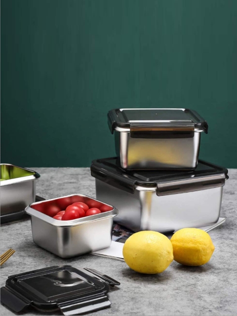 

Femora Set Of 3 Silver-Toned & Black Stainless Steel Storage Containers