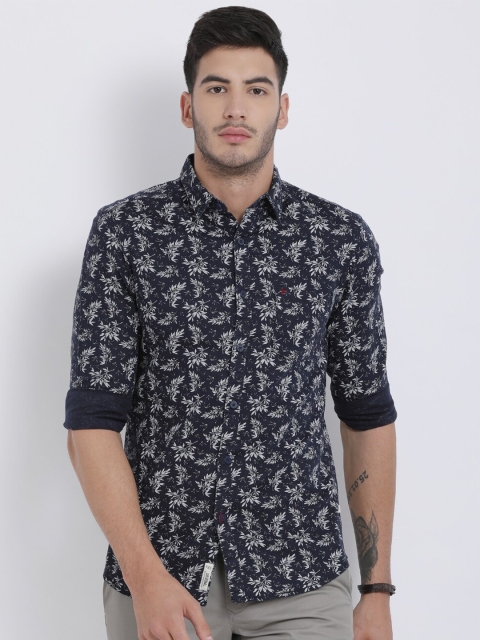 

t-base Men Navy Blue Standard Floral Printed Pure Cotton Casual Shirt