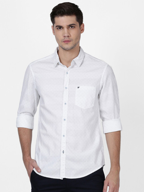 

t-base Men White Standard Printed Pure Cotton Casual Shirt