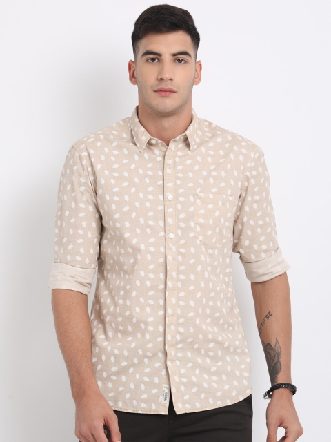 

t-base Men Beige Standard Printed Pure Cotton Casual Shirt