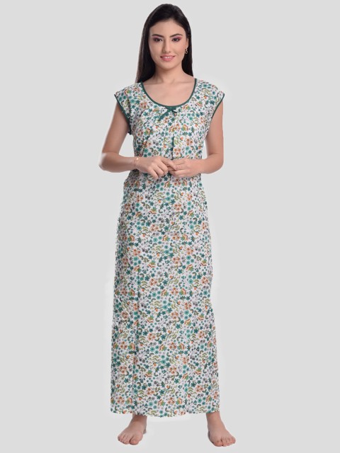 

CIERGE Women Green & White Floral Printed Pure Cotton Nightdress