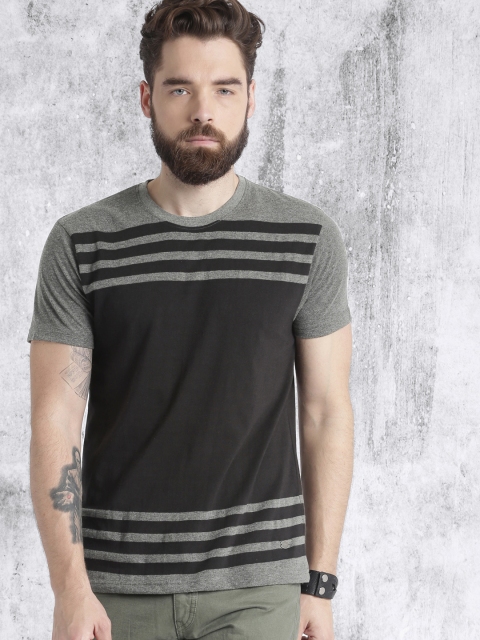 

Roadster Men Black & Charcoal Grey Striped Round Neck T-shirt