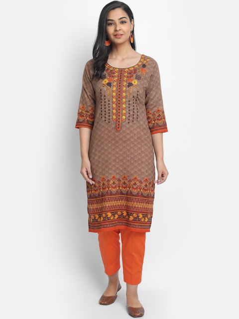 

KALINI Women Brown Ethnic Motifs Printed Thread Work Kurta