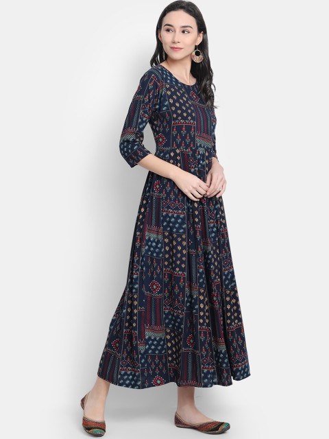 

KALINI Women Navy Blue Ethnic Motifs Printed Keyhole Neck Thread Work Anarkali Kurta