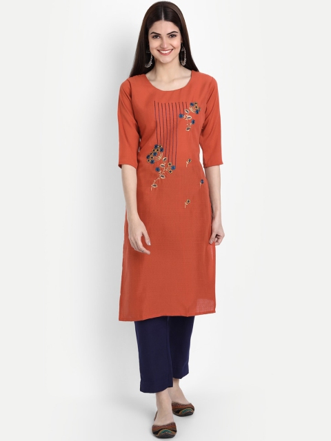 

KALINI Women Orange Embroidered Thread Work Cotton Straight Kurta