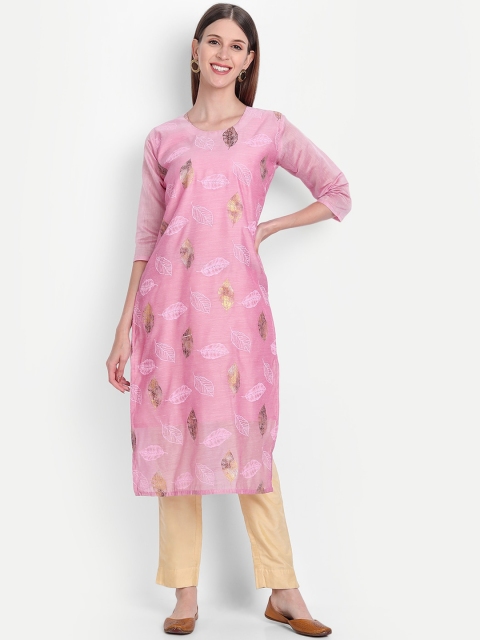

KALINI Women Pink Floral Printed Chanderi Silk Straight Kurta