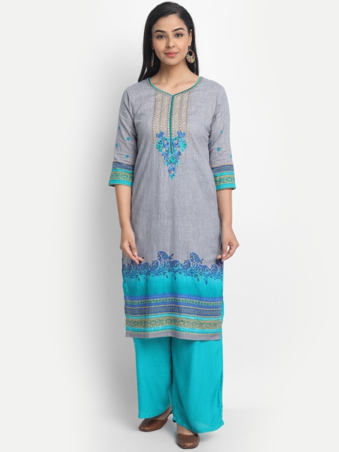 

KALINI Women Grey & Blue Floral Embroidered Pure Cotton Kurta