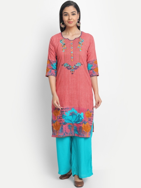 

KALINI Women Pink & Blue Ethnic Motifs Printed Cotton Kurta