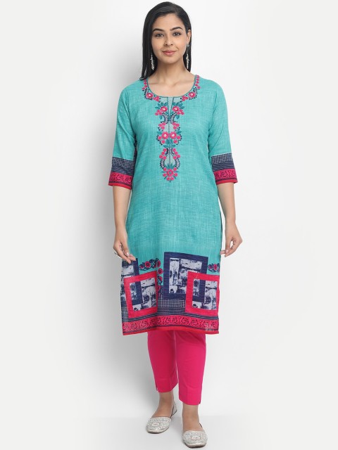 

KALINI Women Sea Green & Maroon Ethnic Motifs Printed Cotton Kurta
