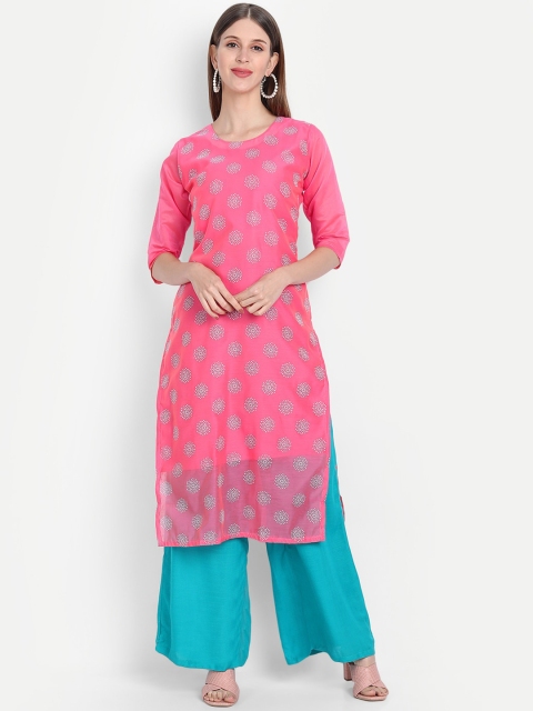 

KALINI Women Pink & White Ethnic Motifs Printed Chanderi Silk Kurta