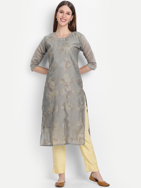 

KALINI Women Grey Ethnic Motifs Printed Chanderi Silk Kurta