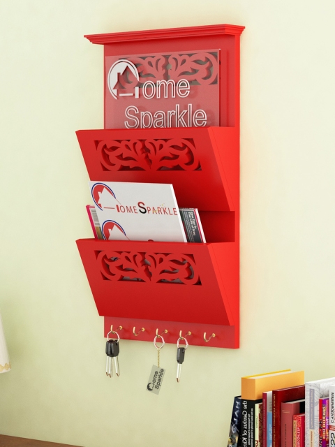 

Home Sparkle Red Wood Wall Shelf with Key Holders