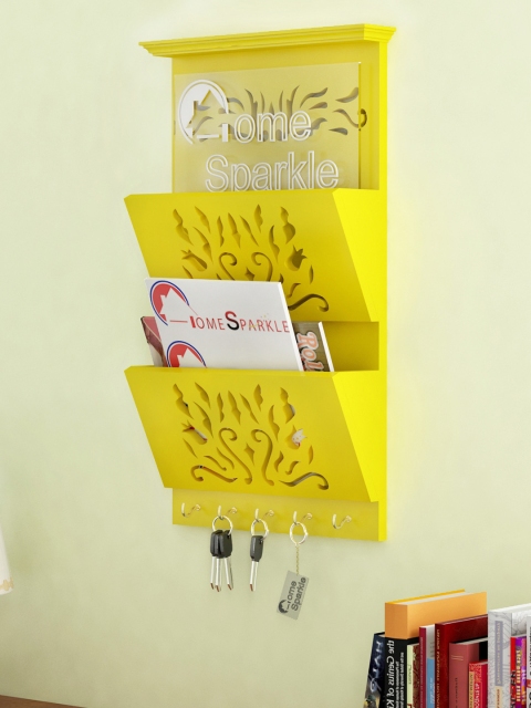 

Home Sparkle Yellow Wood Wall Shelf with Key Holders