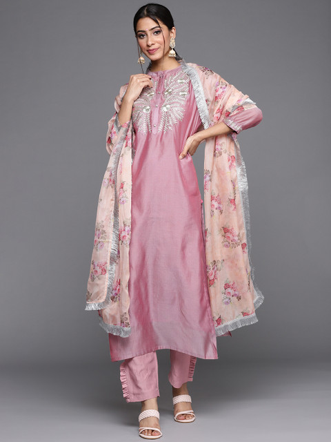 

Varanga Women Mauve & Silver Motifs Zari Yoke Design Straight Kurta Trousers & Dupatta