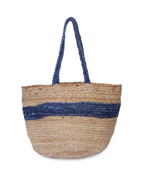

FABBHUE Beige & Blue Colourblocked Structured Jute Tote Bag