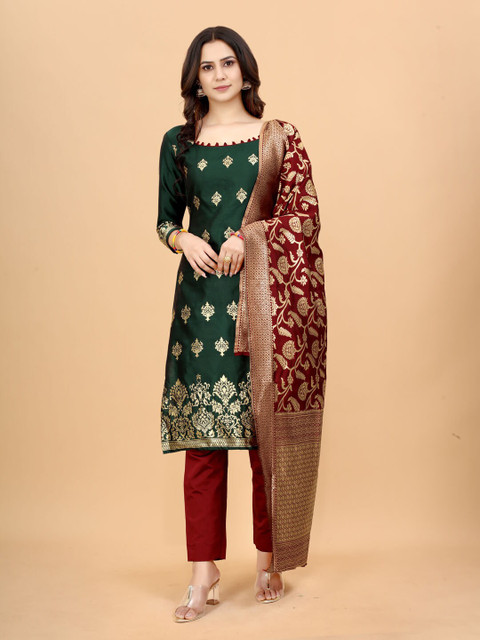 

SATYAM WEAVES Green & Maroon Unstitched Dress Material