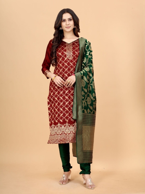 

SATYAM WEAVES Maroon & Green Unstitched Dress Material