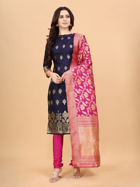 

SATYAM WEAVES Women Navy Blue & Fuchsia Unstitched Dress Material