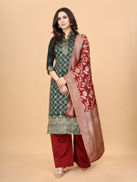 

SATYAM WEAVES Green & Red Paisley Zari Unstitched Dress Material