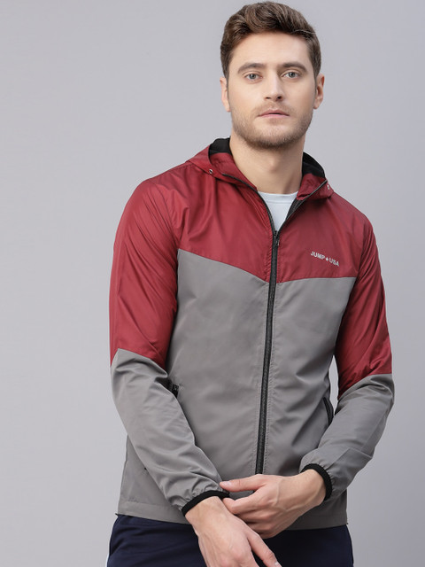 

JUMP USA Men Grey Colourblocked Hooded Water Resistant Bomber Jacket