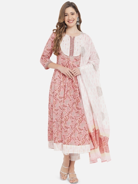 

Meeranshi Women Peach-Coloured Ethnic Motifs Printed Panelled Pure Cotton Kurta with Trousers & With Dupatta