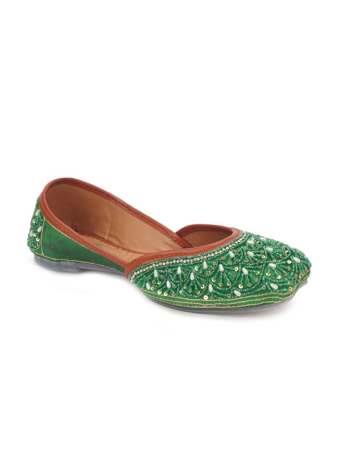 

The Desi Dulhan Women Green Embellished Leather Ethnic Mojaris Flats