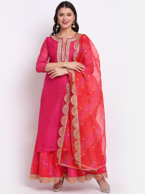 

anokherang Women Pink Floral Embroidered Panelled Gotta Patti Chanderi Silk Kurta with Sharara & With