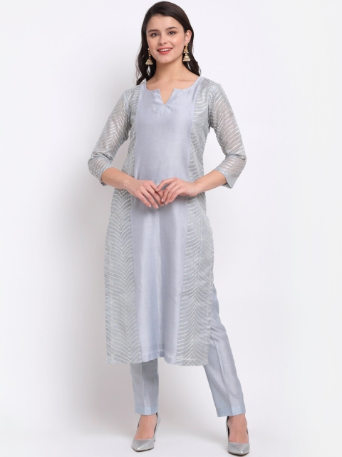 

anokherang Women Grey Panelled Gotta Patti Chanderi Silk Kurta with Trousers
