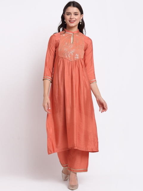 

anokherang Women Orange Embroidered Angrakha Sequinned Kurta with Trousers
